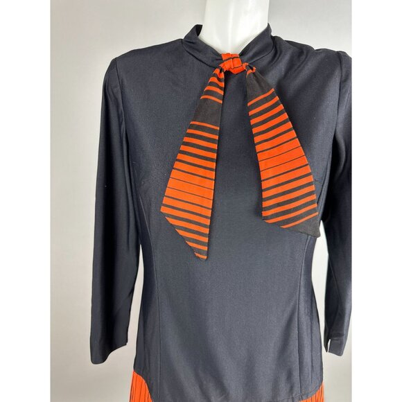 Vtg 60s Hazel Greer Black Orange Drop Waist Neck Tie Halloween Dress Size M/L - Picture 6 of 6